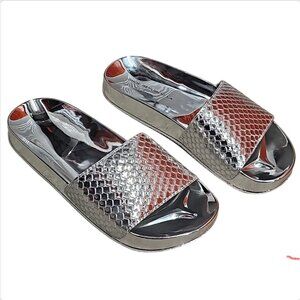 Metallic Silver Open-Toe Slide Sandals With Textured Upper & Clear Rubber Soles
